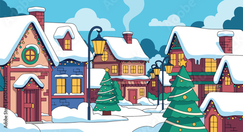 Scenic vector landscape illustration of a snowy village decorated with Christmas lights and trees, creating a festive winter holiday atmosphere filled with warmth and celebration