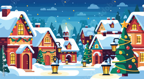 Scenic vector landscape illustration of a snowy village decorated with Christmas lights and trees, creating a festive winter holiday atmosphere filled with warmth and celebration