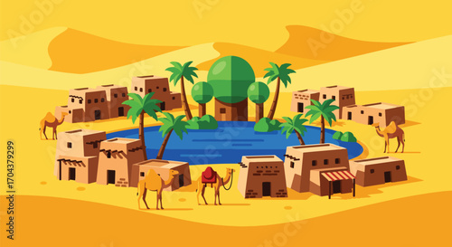 Scenic vector landscape illustration of a desert oasis with palm trees, camels, and traditional houses, symbolizing survival, culture, and travel in an arid environment