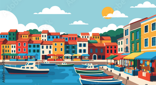 Scenic vector landscape illustration of a colorful seaside town with boats in the harbor, market stalls, and vibrant houses, evoking travel, tourism, and Mediterranean coastal charm
