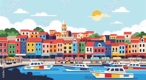 Scenic vector landscape illustration of a colorful seaside town with boats in the harbor, market stalls, and vibrant houses, evoking travel, tourism, and Mediterranean coastal charm