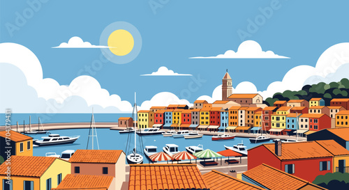 Scenic vector landscape illustration of a colorful seaside town with boats in the harbor, market stalls, and vibrant houses, evoking travel, tourism, and Mediterranean coastal charm