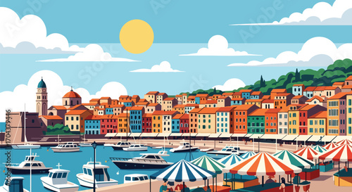 Scenic vector landscape illustration of a colorful seaside town with boats in the harbor, market stalls, and vibrant houses, evoking travel, tourism, and Mediterranean coastal charm