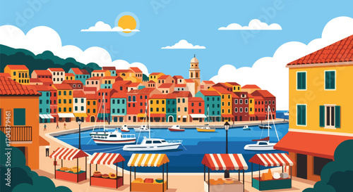 Scenic vector landscape illustration of a colorful seaside town with boats in the harbor, market stalls, and vibrant houses, evoking travel, tourism, and Mediterranean coastal charm