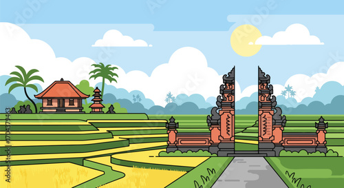 Scenic vector landscape illustration of Bali rice terraces, traditional temple gates, and tropical houses with mountains and palm trees, capturing the beauty of culture, nature, and travel inspiration