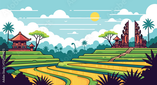 Scenic vector landscape illustration of Bali rice terraces, traditional temple gates, and tropical houses with mountains and palm trees, capturing the beauty of culture, nature, and travel inspiration