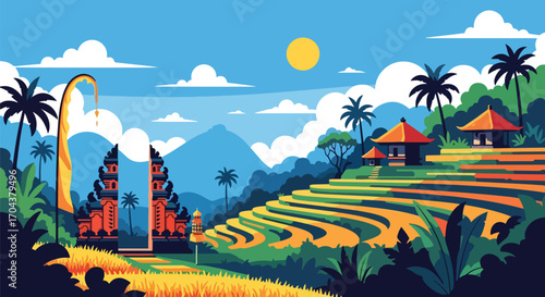 Scenic vector landscape illustration of Bali rice terraces, traditional temple gates, and tropical houses with mountains and palm trees, capturing the beauty of culture, nature, and travel inspiration