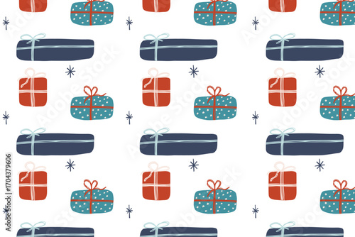 Christmas cats seamless pattern with pets, gifts, cat in winter hat, scarf, christmas garland. Vector holiday pattern for print, wrapping paper, textile, nursery decor,