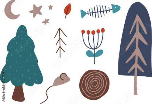 Flat doodle wooden wild life icons set. Christmas tree, 