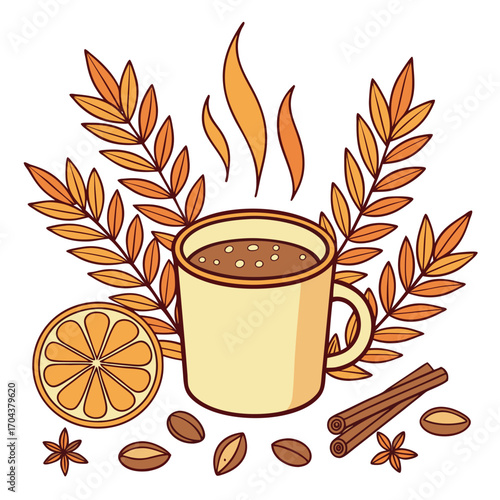 Hot cocoa in a mug rests amid orange slices, cinnamon sticks and fall leaves