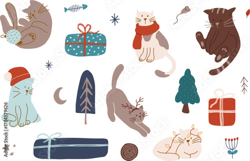 Christmas cats seamless pattern with pets, gifts, cat in winter hat, scarf, christmas garland. Vector holiday pattern for print, wrapping paper, textile, nursery decor,