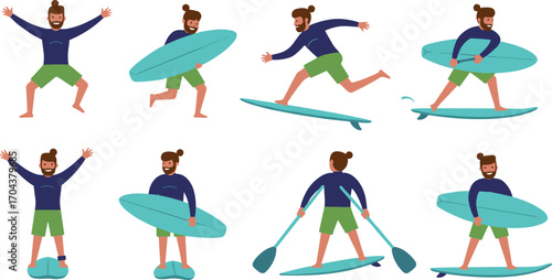 Cartoon surfer character, man bun hairstyle, surfing poses, paddleboarding, beach activity, summer sport, vector illustration, water adventure, active lifestyle, ocean fun