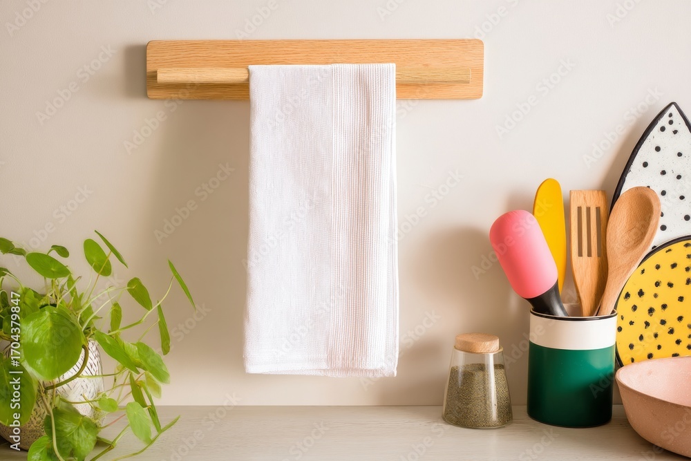 Naklejka premium Minimalist kitchen scene with white towel and cooking utensils display. Design mockup
