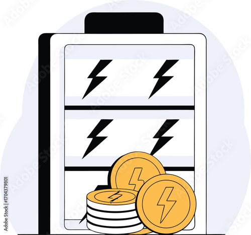 Vector illustration of battery charging with coins inside for payment and energy concept