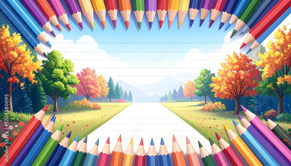 Fototapeta premium Colorful pencils frame a landscape scene (2)