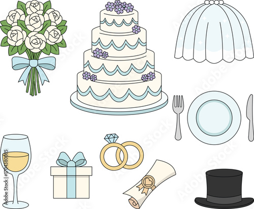 Flat Simple Vector Collection of Wedding Accessories
