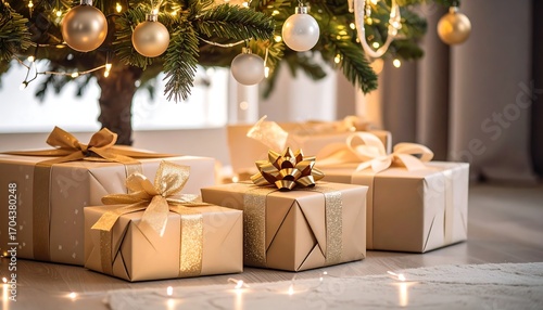 Presents wrapped in beige paper with gold bows sit under a decorated tree with lights. Soft focus