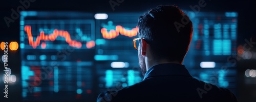 A person observes financial data on screens, analyzing trends and patterns in a high-tech environment, illuminated by colorful lights.