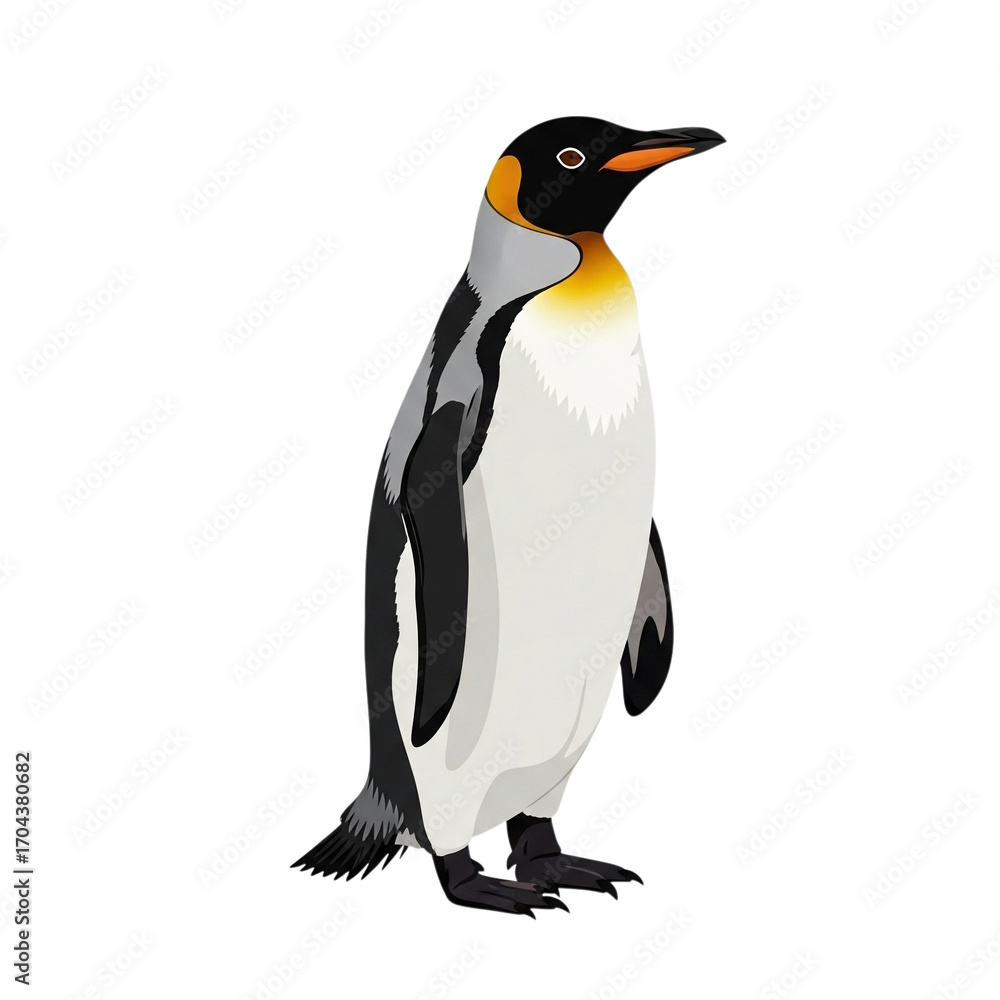 Fototapeta premium Upright penguin with golden neck patch and sharp beak, standing in elegant centered stance isolated on clean white background for detailed wildlife view