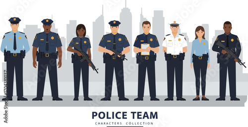 Police team characters, cartoon officers, law enforcement vector, diverse uniforms, city background, armed police, patrol, security, illustration, authority, protection