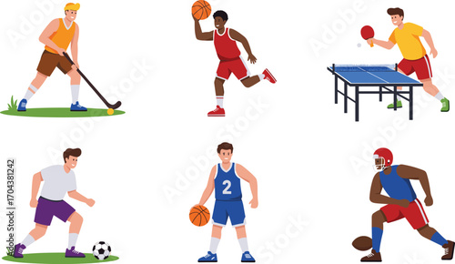 Sports illustration, athlete characters, basketball player, soccer player, football player, table tennis, hockey player, vector graphic, fitness concept, active lifestyle
