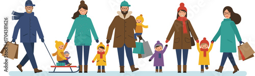 Winter family outing, snow clothes, children sledding, warm coats, boots, scarves, outdoor fun, cold weather, cartoon vector, seasonal illustration