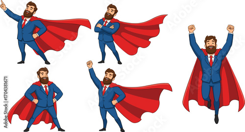 Superhero businessman, cartoon character, confident pose, flying action, red cape, leadership, motivation, success, vector illustration, professional man, dynamic stance, hero concept