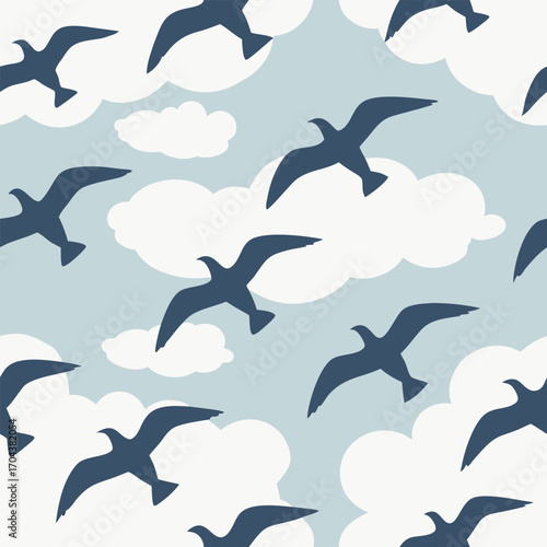 Blue Flying Bird Sky Cloud Nature Seamless Repeat Pattern Background illustration,generative ai
