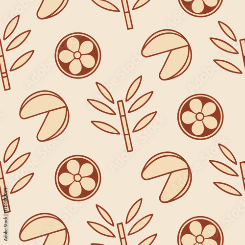 Asian inspired bamboo and fortune cookie seamless pattern background for fabric and decoration illustration,generative ai