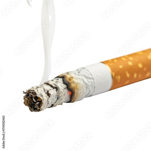 Used cigarette stub with ashy tip and visible smoke trail, slightly crumpled filter isolated on clean white background symbolizing harmful social issue
