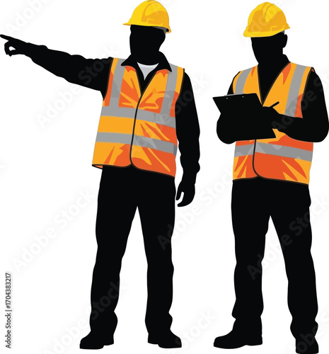 Vector art of two construction workers in reflective vests and hard hats