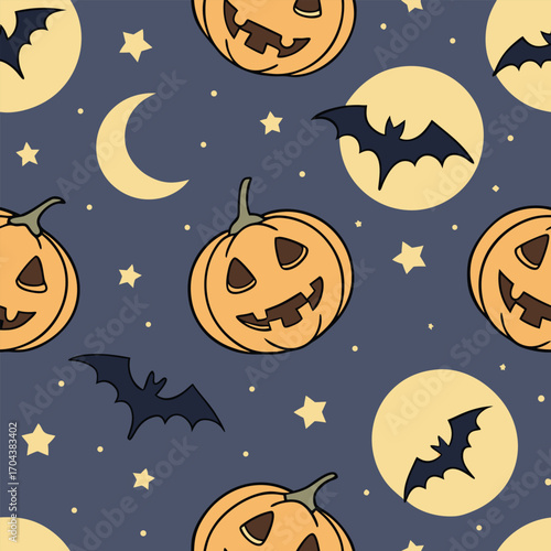 Spooky seamless pumpkin bat moon Halloween pattern with dark night background illustration,generative ai