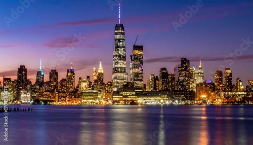 Night View of New York City Skyline with Reflections.