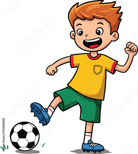 Art & IllustrationHappy cartoon boy playing soccer, kicking football on grass, smiling child athlete in sports uniform, outdoor activity, youth sport fun