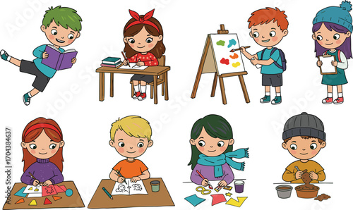 Art & IllustrationHappy children doing various creative activities, kids learning art, reading, writing, painting, crafting, drawing, clay modeling in classroom or at home