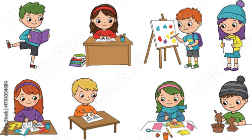 Art & IllustrationHappy children doing various creative activities, kids learning art, reading, writing, painting, crafting, drawing, clay modeling in classroom or at home