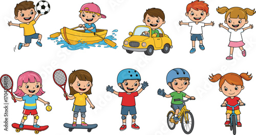 Art & IllustrationHappy kids playing sports and outdoor activities, cycling, boating, skating, driving, jumping, healthy children enjoying active lifestyle, cartoon illustration