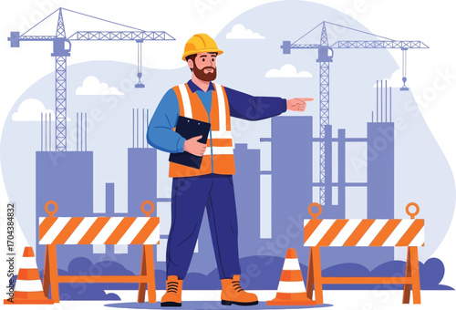 Vector art of construction site supervisor pointing with cranes and buildings in background