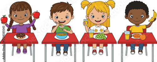 Art & IllustrationKids eating healthy and unhealthy breakfast food, children sitting at school table, diverse students holding fruits, cereal, juice, donut