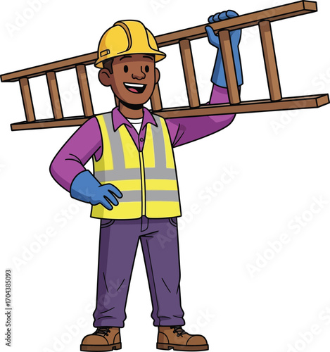 Vector art of male construction worker carrying a ladder