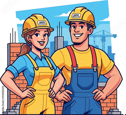 Vector art of construction workers, a man and a woman, standing at a building site