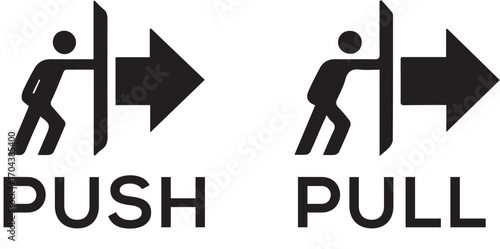 Minimal black vector illustration on a pure white background.  two icons one for "PUSH" and one for "PULL"