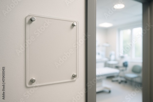 Blank wall-mounted sign near entrance of bright modern medical examination room, healthcare facility interior with clinical furniture, window light, and clean design