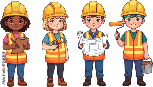 Vector art of diverse group of children in construction outfits