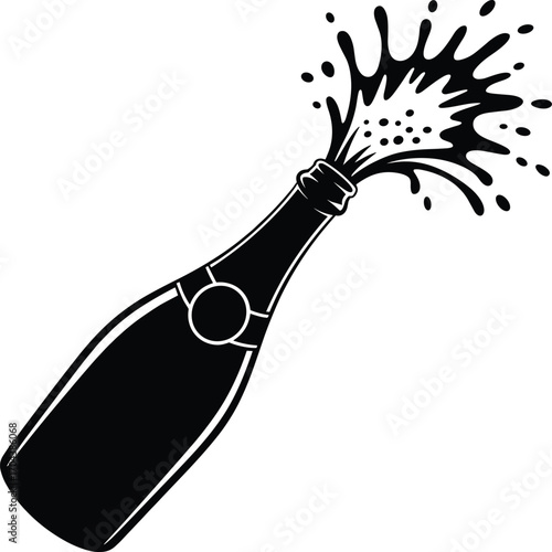 Champagne bottle popping, celebration moment, festive spray, cork explosion, black white art, party symbol, dynamic foam burst, elegant silhouette design