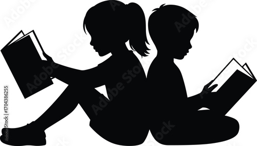 Children reading silhouette, back-to-back kids, book lovers, education vector, literacy concept, black design, school theme, learning posture, illustration
