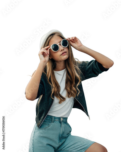 Teen girl trying on sunglasses and posing playfully, street fashion isolated on a transparent background.