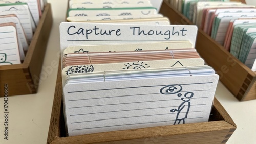 Thought-Capturing Index Cards in Wooden Storage Box with Drawings