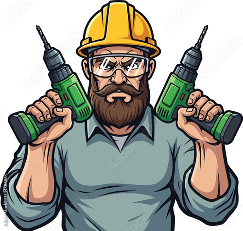 Vector art of man with beard, glasses, and hard hat holding drills