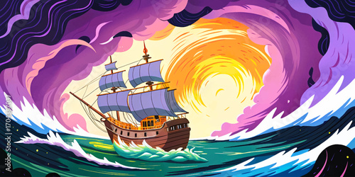 Whirlpool consuming war galleon, burning sails collapsing into abyss as storm rages
